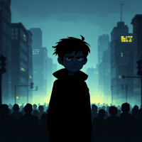 A silhouetted boy stands in front of a crowd, his expression serious against a backdrop of a cityscape, embodying the quote about belief and the acceptance of lies.