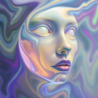 A surreal, flowing portrait of a face blended with vibrant swirls of color, embodying a sense of confusion in response to the quote, I find people confusing.