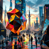 A vibrant cityscape at sunset features futuristic skyscrapers and a large, colorful geometric sculpture, with people gathering in a reflective plaza, embodying stability and progress.