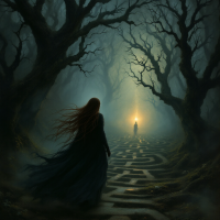 A dark labyrinth surrounded by twisted trees, with a figure holding a light in the distance, symbolizes the journey through shadows to find illumination and hope.