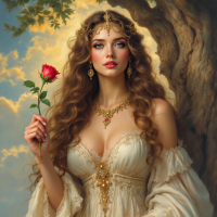 A regal woman with flowing hair holds a rose, adorned in an elegant gown and jewelry. The soft, luminous background reflects themes of resilience and hope, embodying the American spirit.