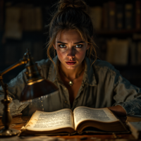 A young woman intensely studies an open book under a warm lamp, surrounded by shelves of old books, embodying the quote about overcoming short-sightedness to embrace growth.