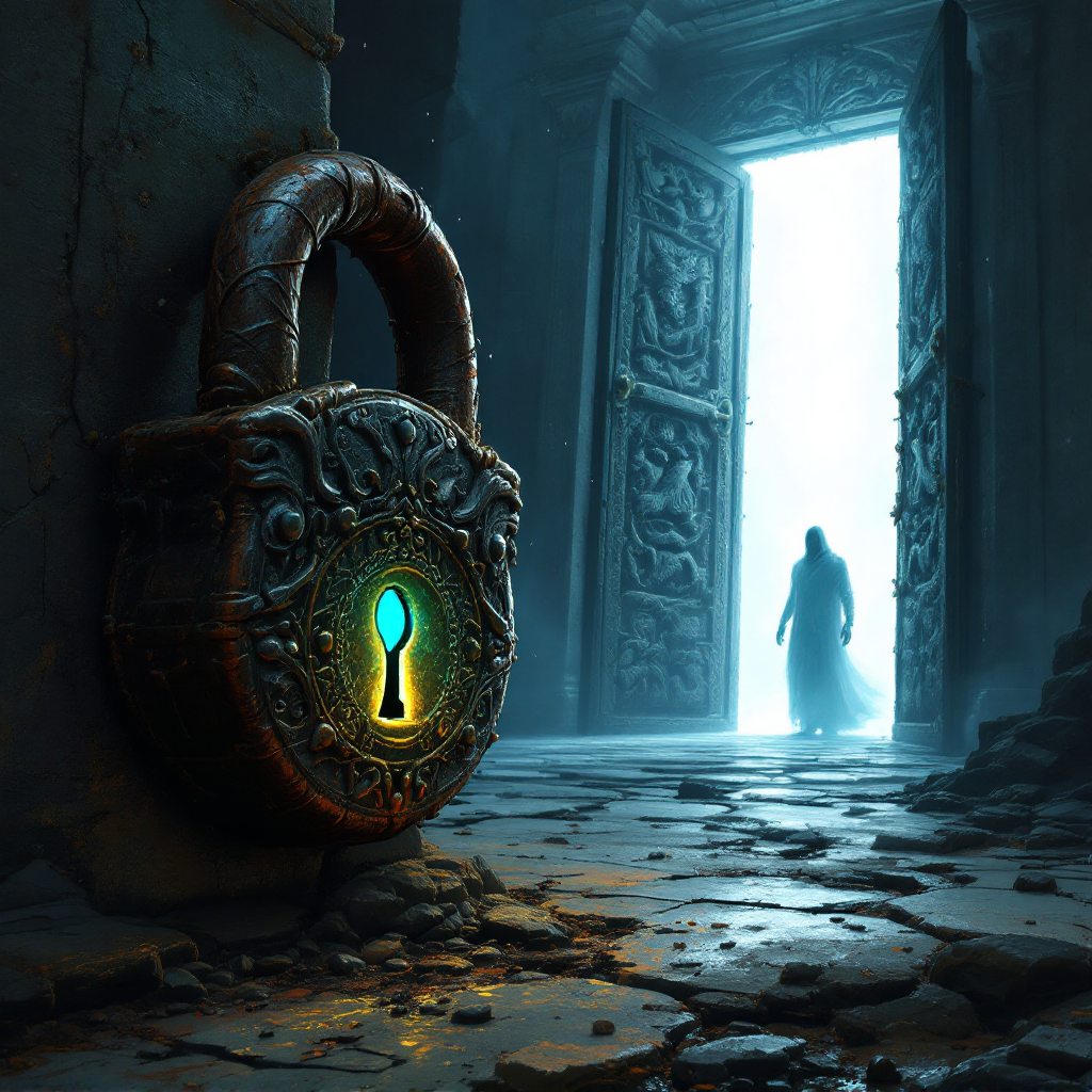 A large, ornate padlock stands before a partially open door, emitting a glowing keyhole light, while a shadowy figure emerges, symbolizing transformation and lost commonality.