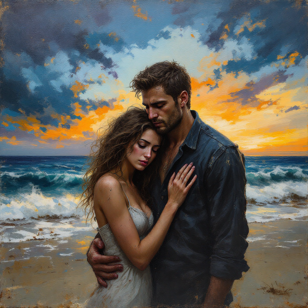 A couple embraces on a beach at sunset, their expressions reflecting intimacy and connection, embodying the essence of love as described in the quote about loving the one you’re with.