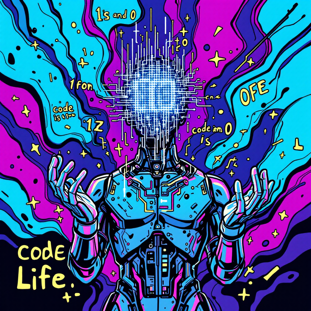 A vibrant, futuristic figure with a digital face stands amidst swirling patterns of blue and purple, embodying the blend of humanity and technology through code and data.