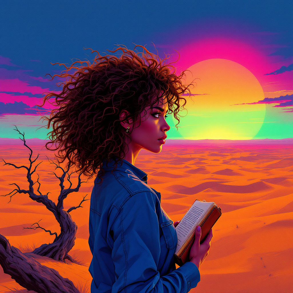 A woman with curly hair stands in a vibrant desert landscape at sunset, holding a book, reflecting the idea that survival includes finding a reason to live.