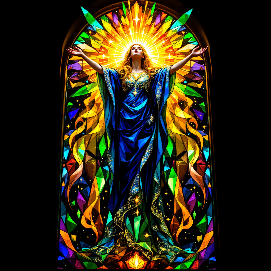 A radiant figure in a flowing blue gown stands amidst vibrant stained glass, arms raised as beams of light burst forth, embodying hope that guides through darkness.