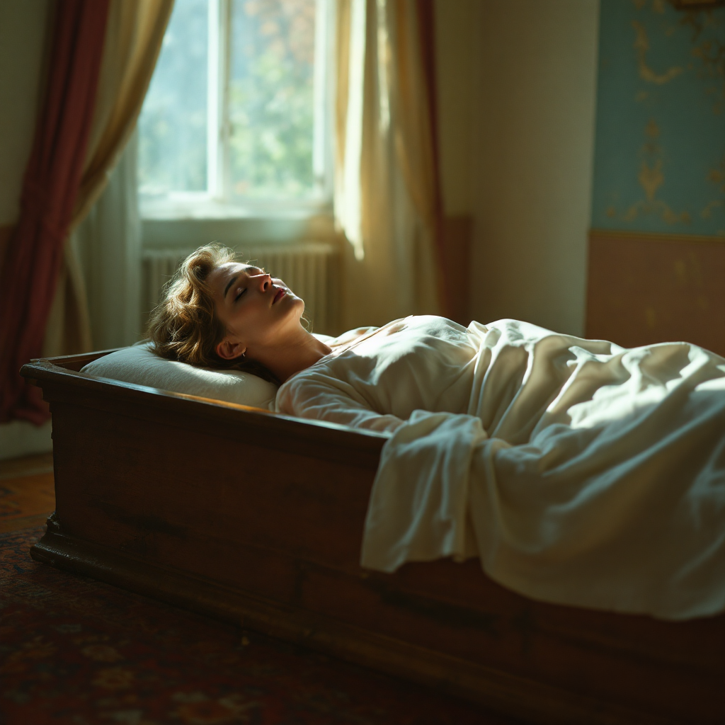 A serene scene capturing a woman lying in a wooden bed, enveloped in soft light, evoking the solemnity of loss, reflecting the quote, “Mother died today. Or maybe yesterday, I don’t know.”