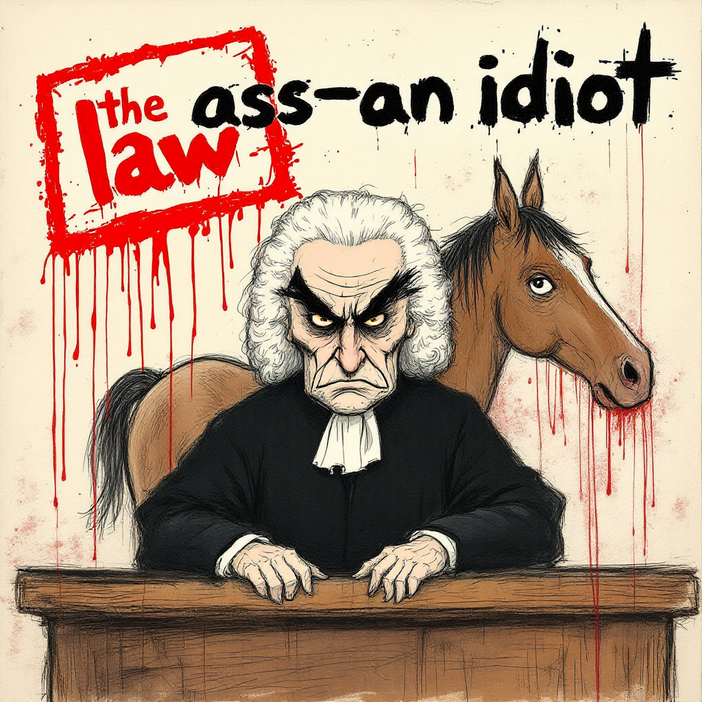 A stern judge sits at a wooden bench, glaring with furrowed brows. A horse stands beside him, while the phrase the law is an ass—an idiot is boldly displayed above in red.