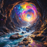 A vibrant cosmic vortex spirals through a rocky cavern, with a waterfall at its base, radiating swirling colors and stars, evoking the surreal essence of a vast, shifting universe.