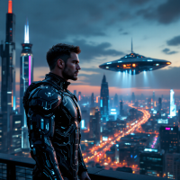 A futuristic city skyline at dusk with vibrant lights. A man in a sleek, armored suit gazes thoughtfully at a hovering UFO, embodying the powerful drive of hope.