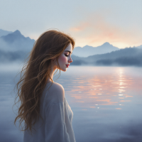 A young woman stands by a serene lake at twilight, gazing contemplatively into the distance, embodying the quote about longing for elusive connections. Mist surrounds the mountains in the background.