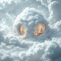 A whimsical, cloud-like home floats ethereally, symbolizing the struggle of defining a home when the heart is torn between two places, blending comfort with a sense of longing.