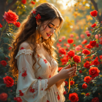 A young woman in a floral dress smiles gently as she holds a rose, surrounded by vibrant red roses, embodying the essence of love and connection inspired by the quote, No one can live without love.