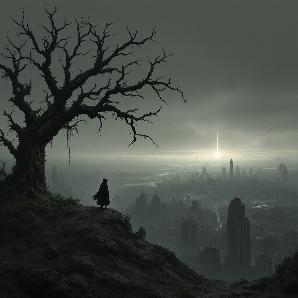 A silhouetted figure stands before a vast, foggy cityscape, framed by a gnarled tree. A distant light pierces the dark clouds, evoking themes of the past and its lasting impact.