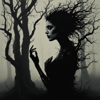 A silhouette of a woman entwined with dark, branch-like tendrils, against a misty forest backdrop, embodying the haunting sentiment: “You’re mine, Claire. I’ll never let you go.”