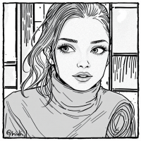 A monochrome illustration of a young woman with expressive eyes and soft features, wearing a turtleneck, exuding a sense of creativity and playfulness.