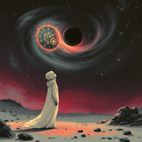 A figure in a flowing robe stands on a desolate landscape, gazing at a swirling cosmic scene featuring a clock and a black hole, symbolizing the preciousness of fleeting moments.