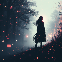 A silhouette of a figure stands in a misty forest, surrounded by floating squares of light, embodying the quote, We are all stories in the end; make yours worth telling.