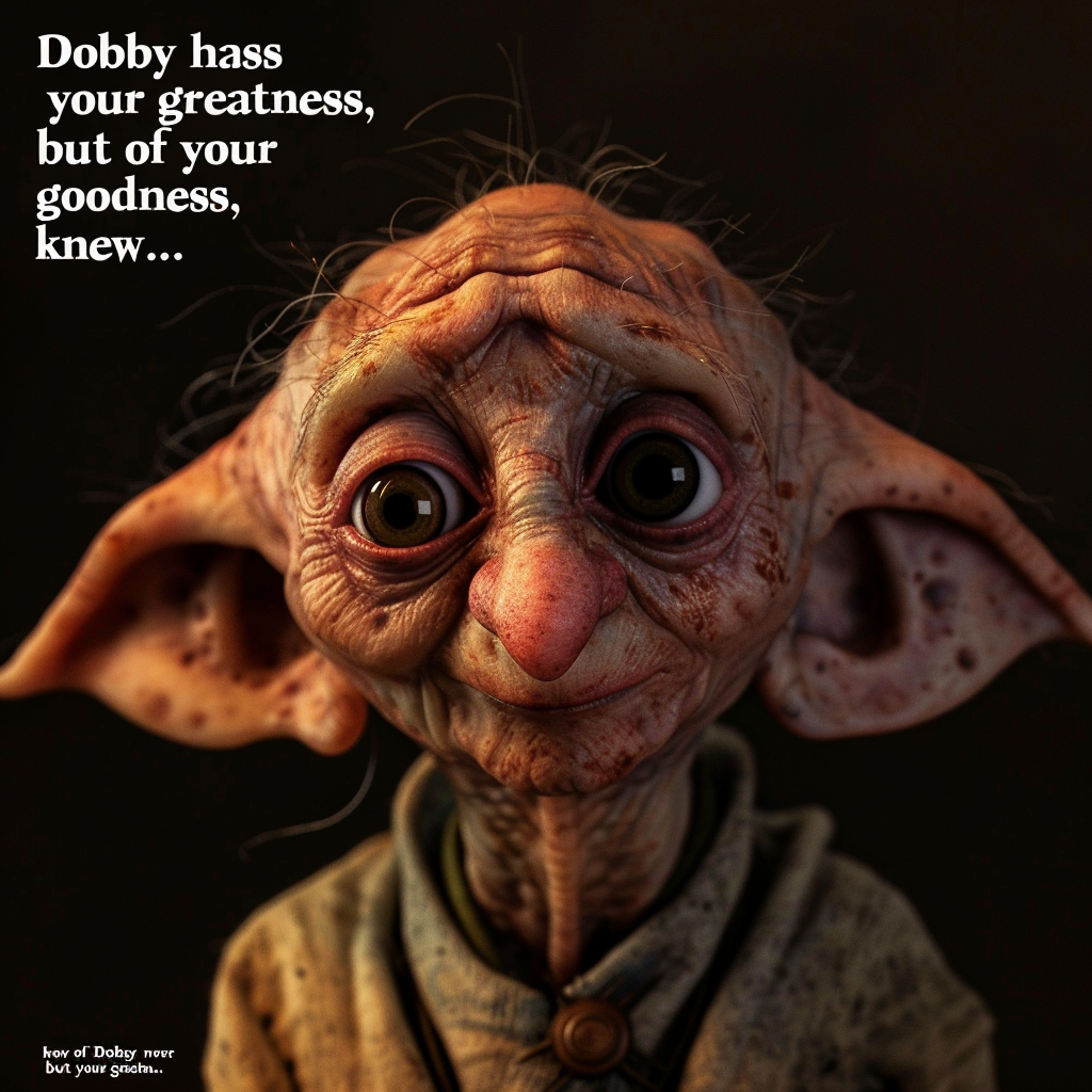 A close-up of Dobby the house-elf from Harry Potter, with a sad, heartfelt expression. The accompanying text reads: Dobby has heard of your greatness, sir, but of your goodness, Dobby never knew...