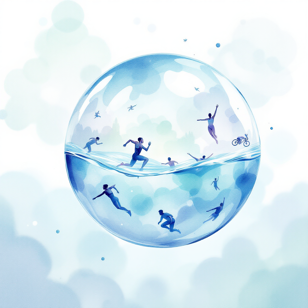 An ethereal bubble contains athletes engaged in various sports, symbolizing the illusion and control within the world of sports, surrounded by soft, abstract clouds.