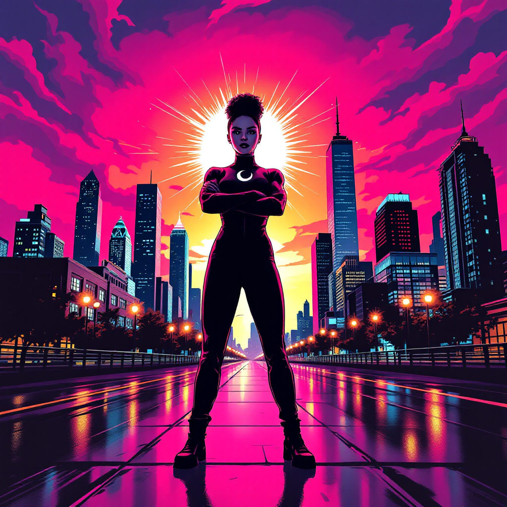 A figure stands confidently in a cityscape at sunset, embodying strength and resilience with a glowing halo behind them, illustrating the quote about fear as a catalyst for courage.