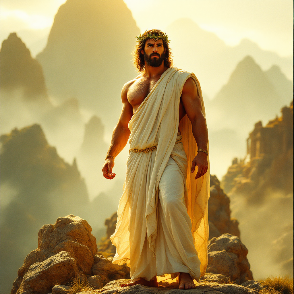 A muscular figure in a flowing white toga stands confidently on a rocky peak, bathed in golden light, embodying the idea that power elevates man to godhood.