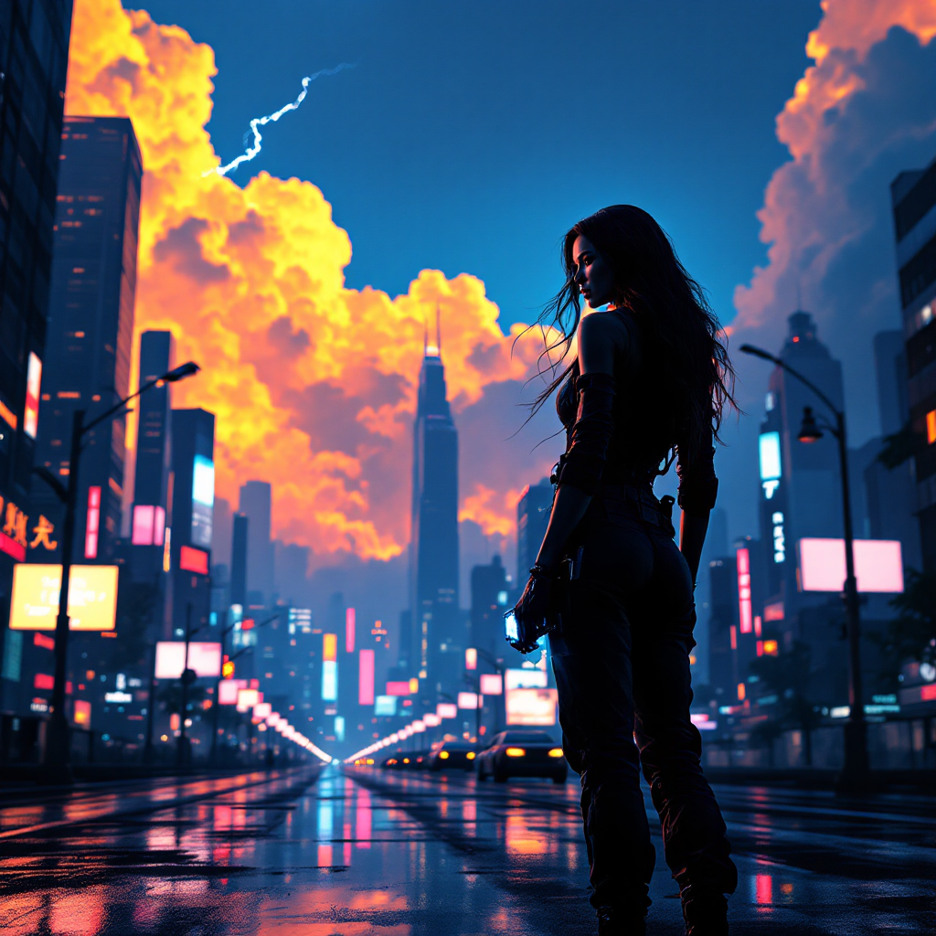 A silhouetted figure stands in a vibrant, futuristic cityscape at dusk, with dramatic clouds illuminated by lightning, reflecting the theme of consequences in decision-making.