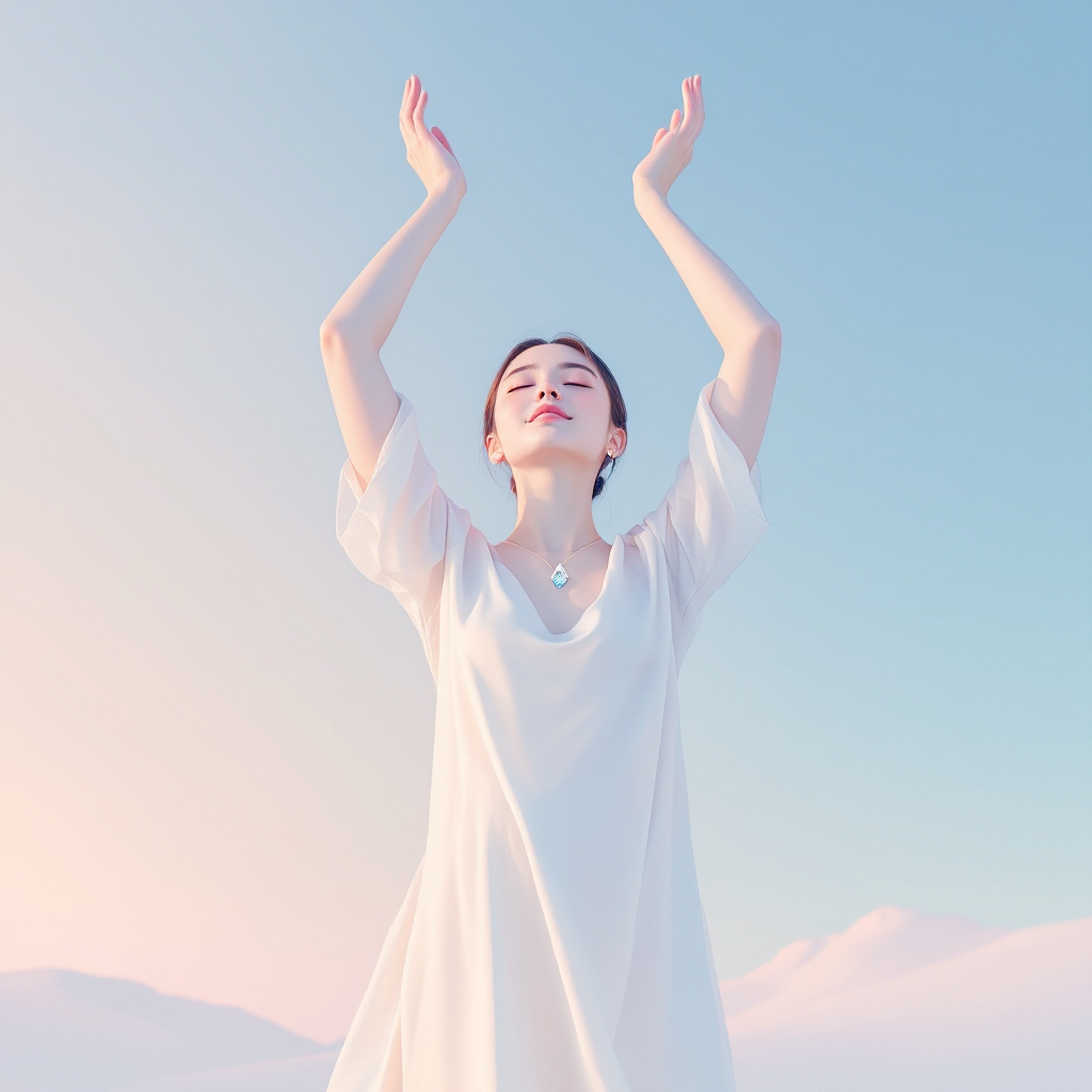 A woman in a flowing white dress stands with her arms raised, embracing the serene pastel sky, symbolizing openness to unexpected events in life.