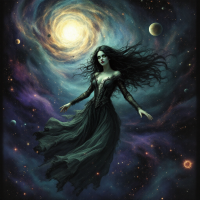 A mystical figure in a flowing dark gown floats in a cosmic swirl of vibrant colors and celestial bodies, embodying a quest for deeper meaning in the universe.