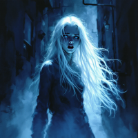 A figure with long, white hair stands in a dark alley, their expression a mix of fear and desperation, embodying the feeling of invisibility and unheard screams from the quote.