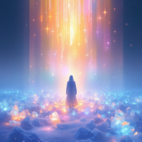 A figure stands amidst a shimmering landscape of colorful crystals, illuminated by radiant light beams, embodying the essence of interconnected blessings.