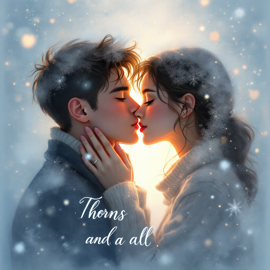 A romantic scene of a couple about to kiss, surrounded by falling snow, with the phrase Thorns and all depicted nearby, capturing a moment of deep affection and vulnerability.