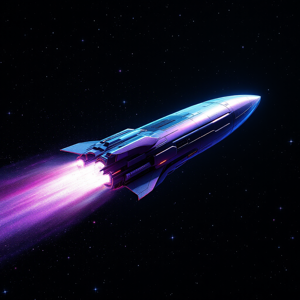 A sleek spaceship soars through a starry cosmos, vibrant thrusters emitting colorful blasts, embodying the courage needed for an unforgiving interstellar journey.