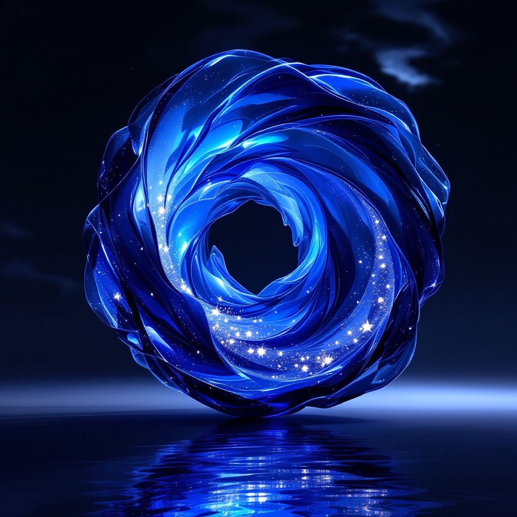 A swirling blue sculpture with a luminous interior, set against a dark backdrop. It embodies aspiration and influence, reflecting the desire to impact humanity’s fate.