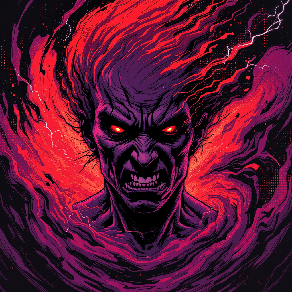 A fierce, angry figure with glowing red eyes and hair ablaze, surrounded by dark swirling energy, embodies the quote about the dangers of anger transforming boldness into foolishness.