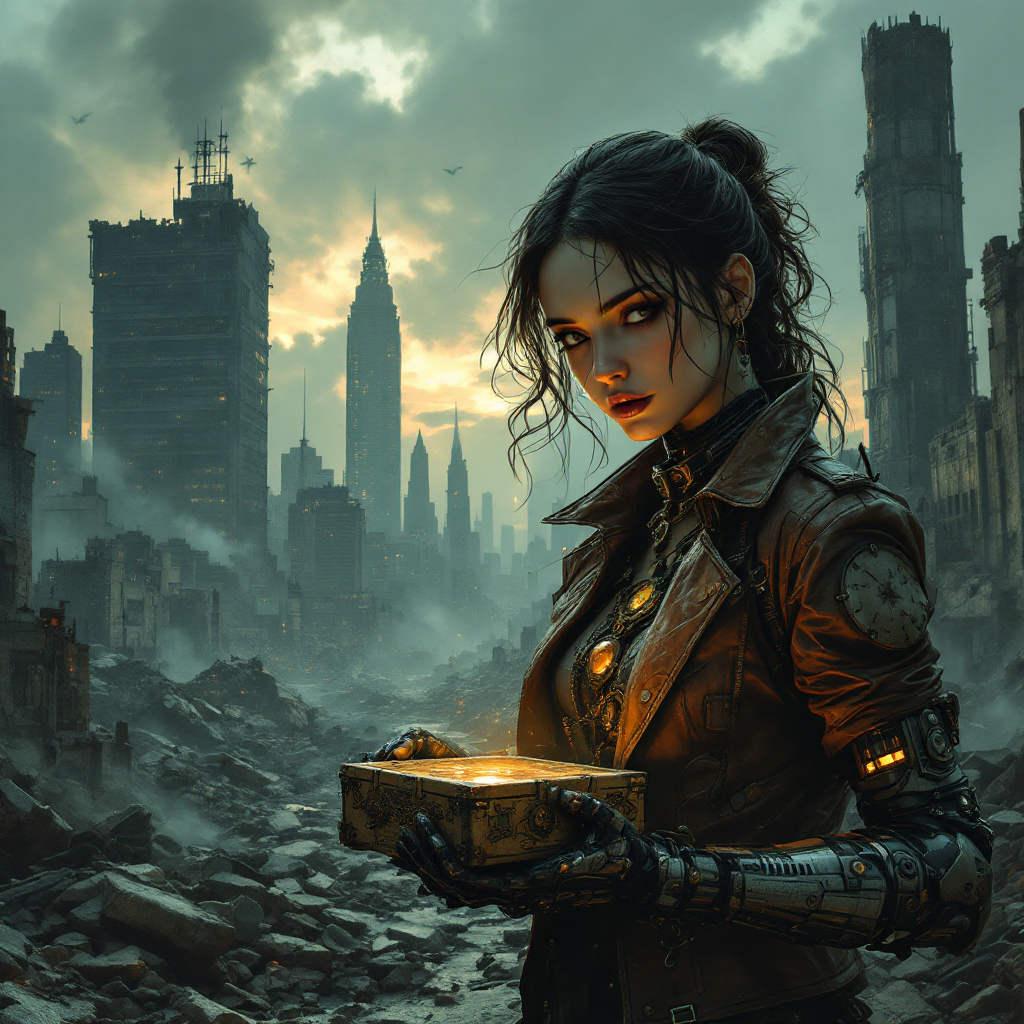 A determined woman stands amidst a post-apocalyptic cityscape, holding a glowing box as dark clouds loom overhead, reflecting the sentiment that in war, there are only endings.