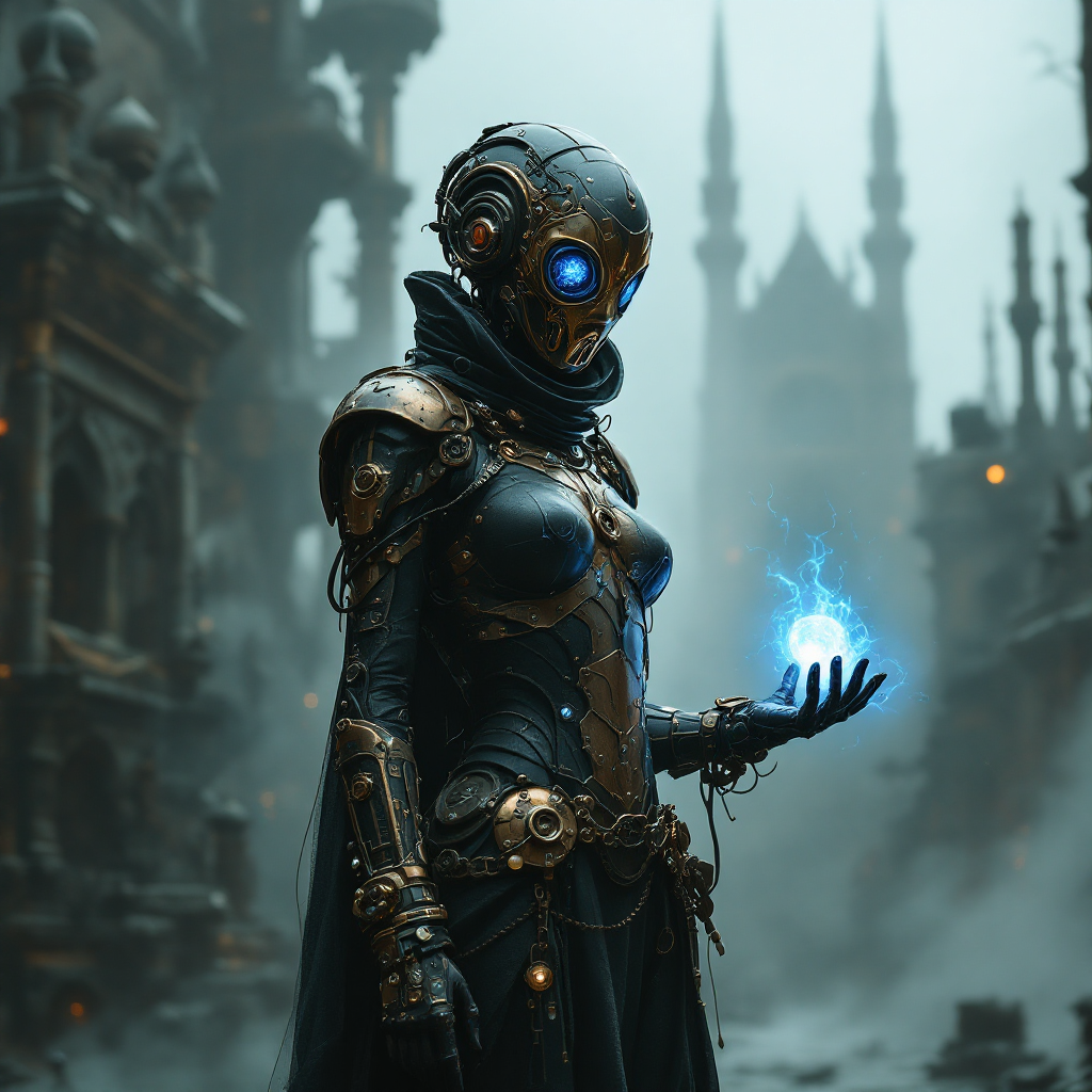 A futuristic figure with glowing blue eyes and intricate armor holds a crackling orb of energy, standing amidst a foggy, ruined landscape, embodying the quote, Life is not always what it seems.