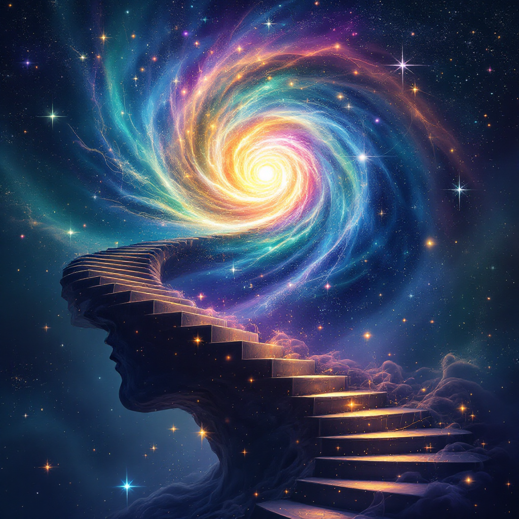 A swirling galaxy spirals from a luminous center, with a staircase emerging from the cosmic scene, evoking the idea that the mind drives the universe's creativity and exploration.