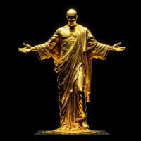 A golden statue of a figure with outstretched arms, draped in flowing robes, set against a black background, symbolizing aspiration and the importance of systems over goals.