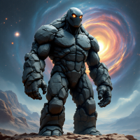 A towering, rock-like figure stands against a cosmic backdrop, embodying courage amid swirling galaxies, reflecting the challenges of an interstellar journey in an unforgiving universe.