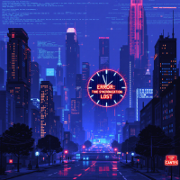 A vibrant, futuristic cityscape at night, illuminated by neon lights and a central glowing clock displaying ERROR: TIME LOST, evoking themes of uncertainty and the future.