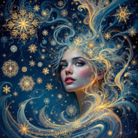 A dreamy portrait of a woman with flowing hair intertwined with swirling golden patterns and shimmering snowflakes, embodying the essence of luck and success.