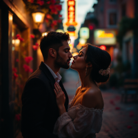 A romantic couple shares a tender kiss in a dimly lit street adorned with flowers, embodying the powerful and dangerous essence of love that makes us feel alive.