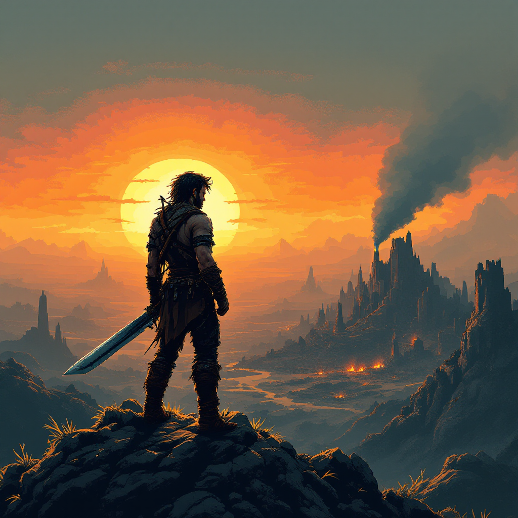 A lone warrior stands on a rocky peak, sword raised, gazing at a fiery sunset, with a smoky, devastated landscape below, embodying the determination to fight for an uncertain future.