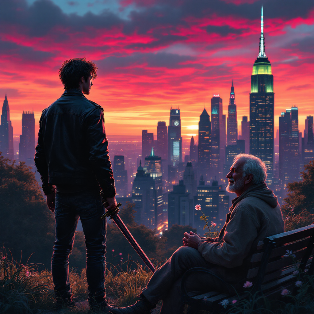 A young man stands with a sword, gazing at a vibrant sunset over a city. An older man sits nearby, embodying the contrast between noble aspirations and humble existence.