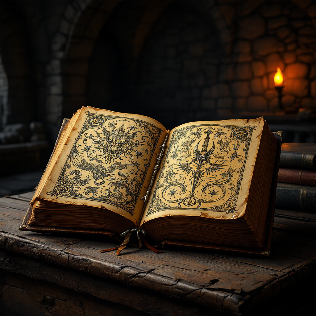 An intricately designed open book rests on a wooden table, surrounded by shadows in a stone-walled chamber, evoking the idea that a mind needs books like a sword needs a whetstone.