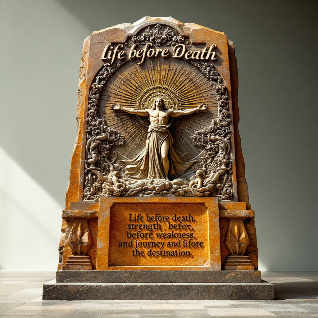 A carved stone monument features a central figure with outstretched arms, surrounded by ornate details, inscribed with the quote about life, strength, and journey.