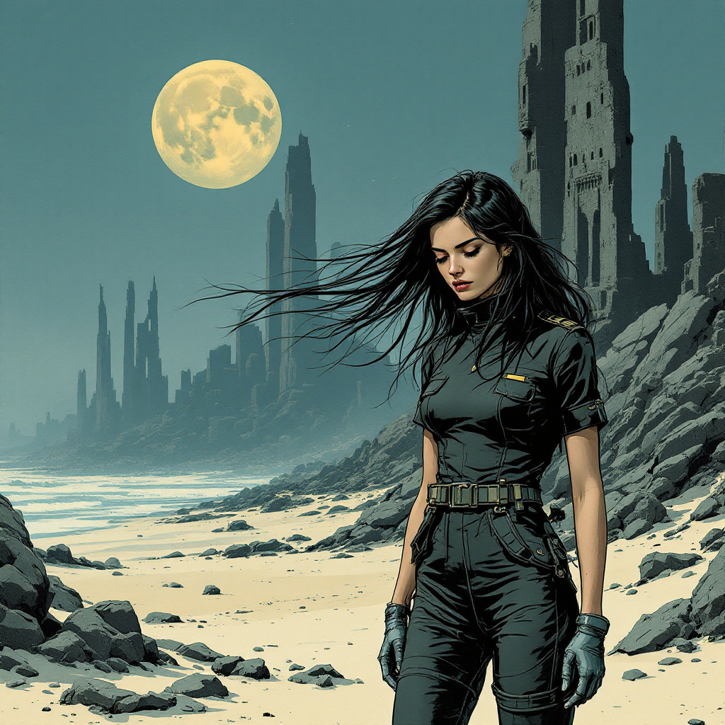 A solitary figure stands on a desolate beach under a full moon, reflecting on the desire for genuine friendships beyond the facade, with crumbling towers rising in the background.