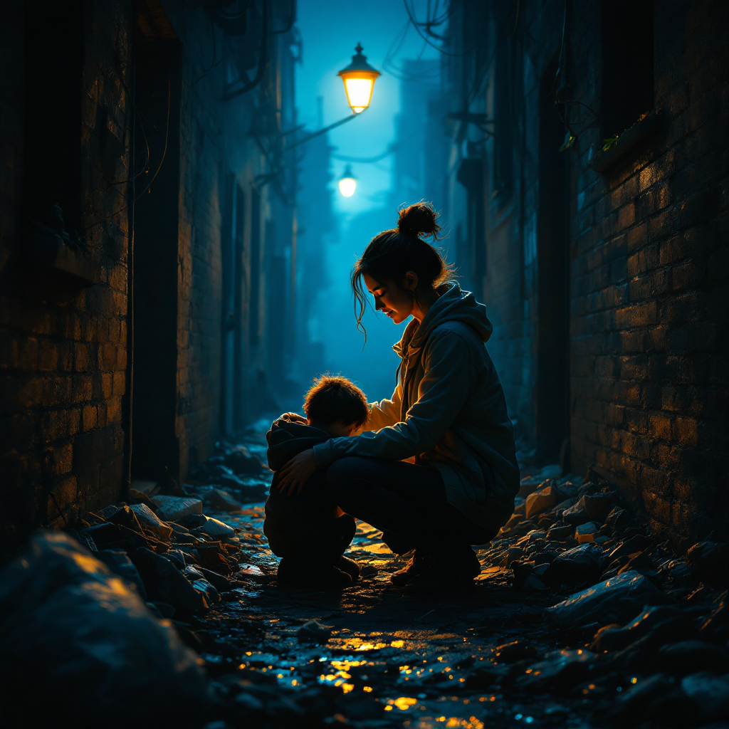 A woman kneels in a dimly lit alley, comforting a child amidst shadows and debris, embodying the quote about discovering true kindness in moments of despair.